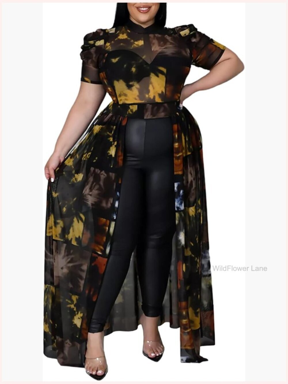 Plus Size High Low Mesh Tunic Blouse Short Sleeve Shirt